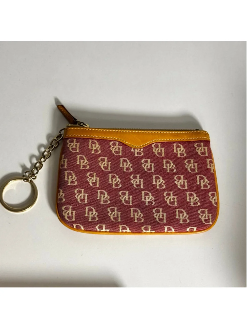 Dooney & Bourke Burgundy & Tan DB Monogram Coin Purse Pouch Leather Trim Key